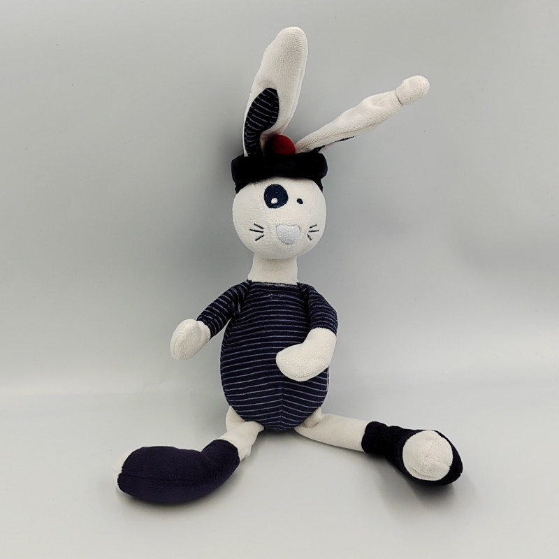 Doudou lapin blanc bleu Marine rayé Marin TAPE A L'OEIL