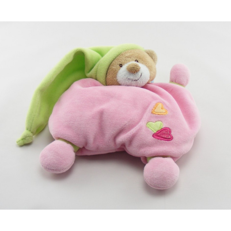 Doudou semi plat ours orange bonnet rose coeur NATTOU