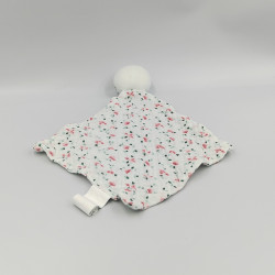 Doudou plat chat blanc vert rose fleurs OBAIBI