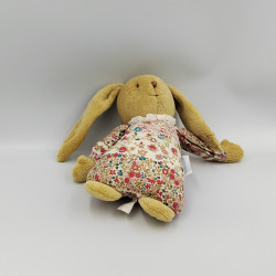 Doudou musical lapin beige rose fleurs TROUSSELIER