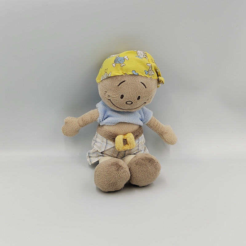 Doudou poupée garçon pirate Joe beige jaune bleu bandanas NOUKIE'S