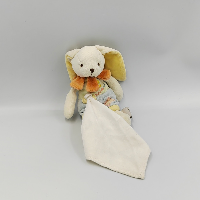 Doudou lapin bleu vert jaune avec mouchoir BABY NAT