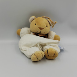Doudou musical ours beige blanc noeud satin Comptine