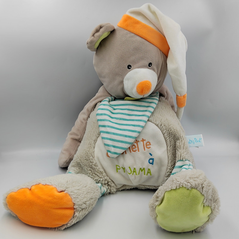 Doudou ma cachette à pyjama ours gris orange rayé bleu Oscar BABY NAT