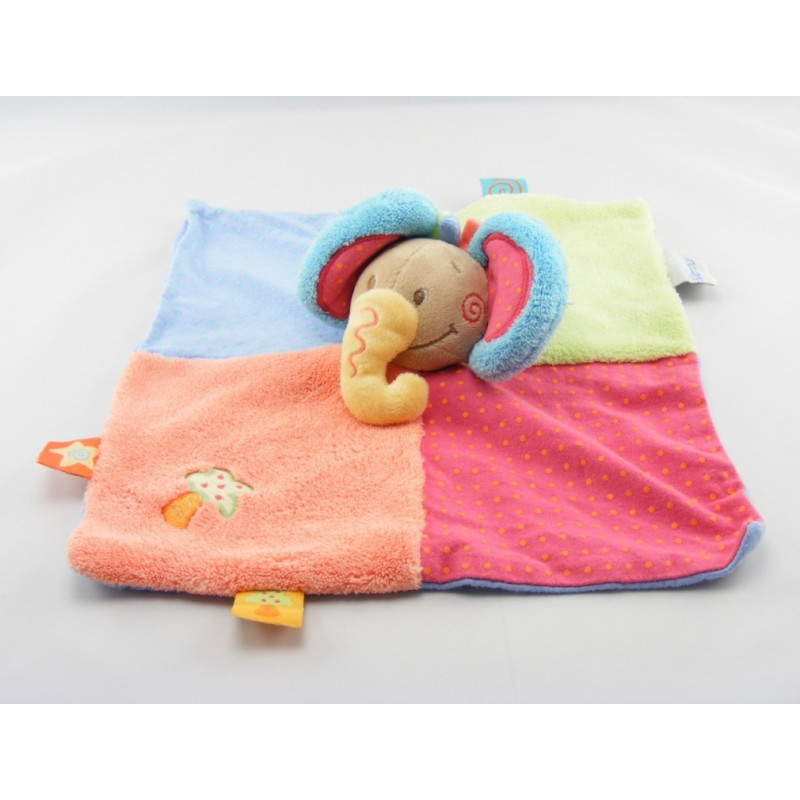 Doudou plat rond éléphant rose bleu orange NATTOU