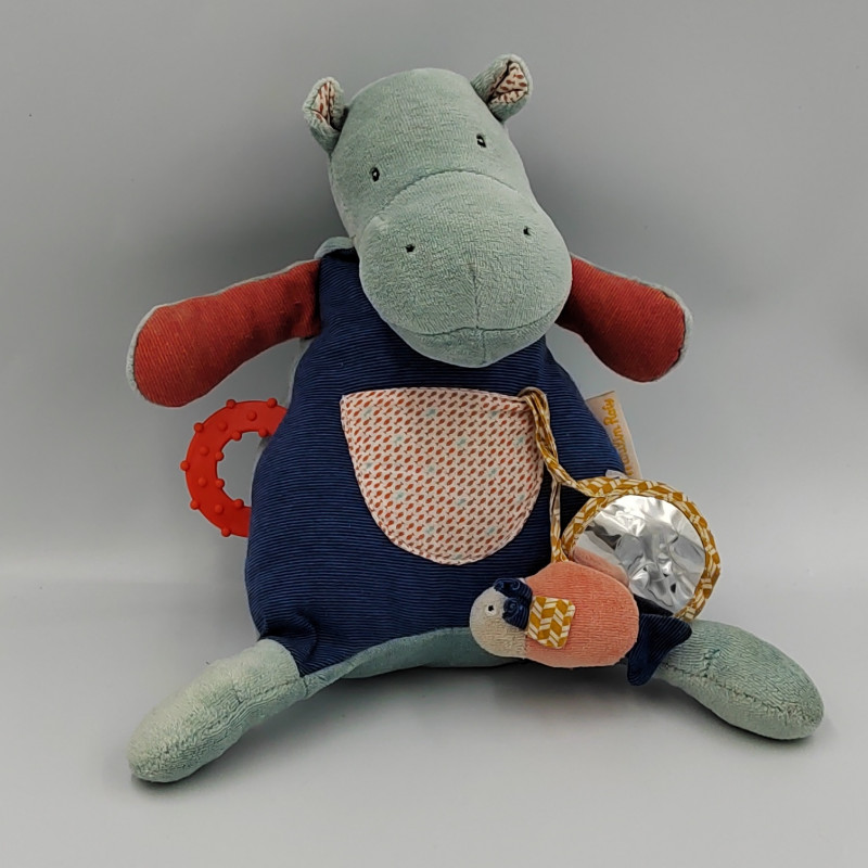 Doudou hippopotame bleu rouge hochet miroir Les Papoum MOULIN ROTY