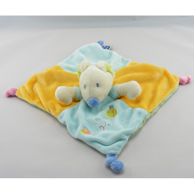 Doudou Plat souris bleu jaune oiseau MOTS D'ENFANTS