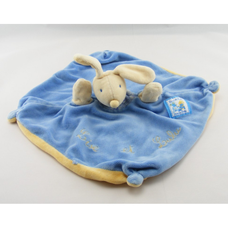 Doudou Plat bleu jaune lapin Lise et Lulu Moulin Roty