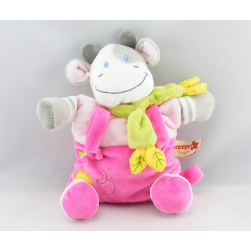 Doudou vache robe rose gris rayé foulard vert poussin NICOTOY
