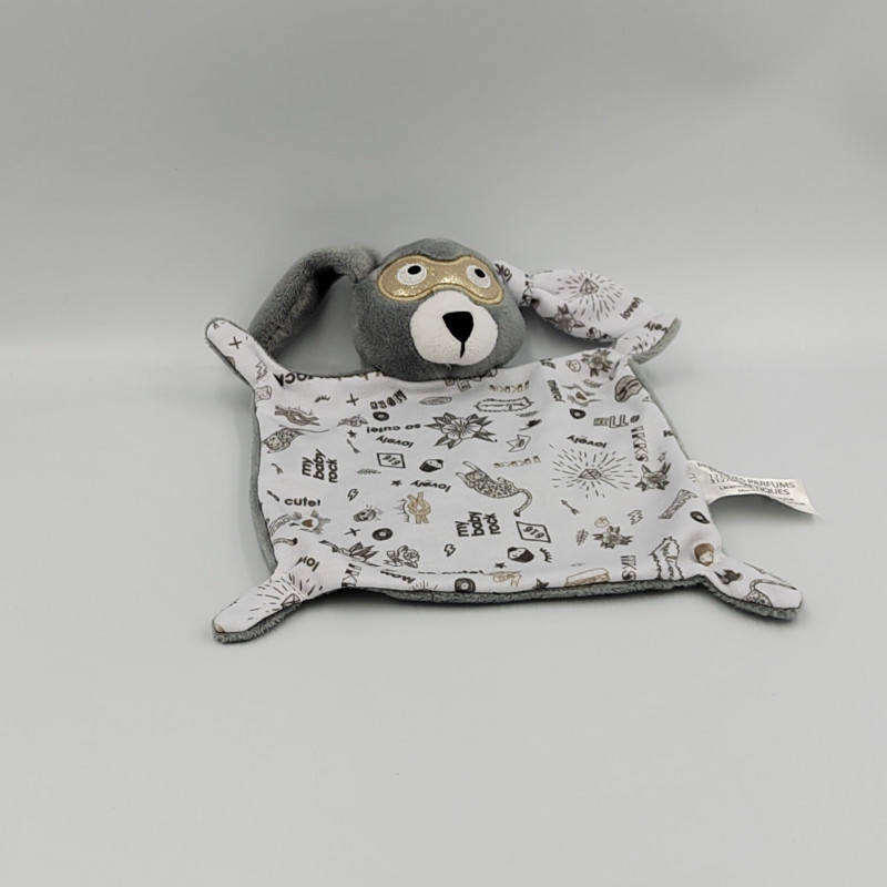 Doudou plat lapin gris blanc fleurs leopard lovely masque IKKS