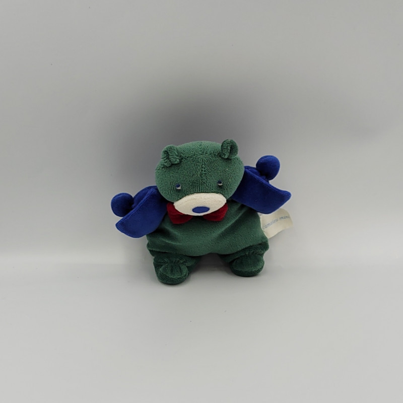 Doudou ours vert bleu noeud rouge Camaieu