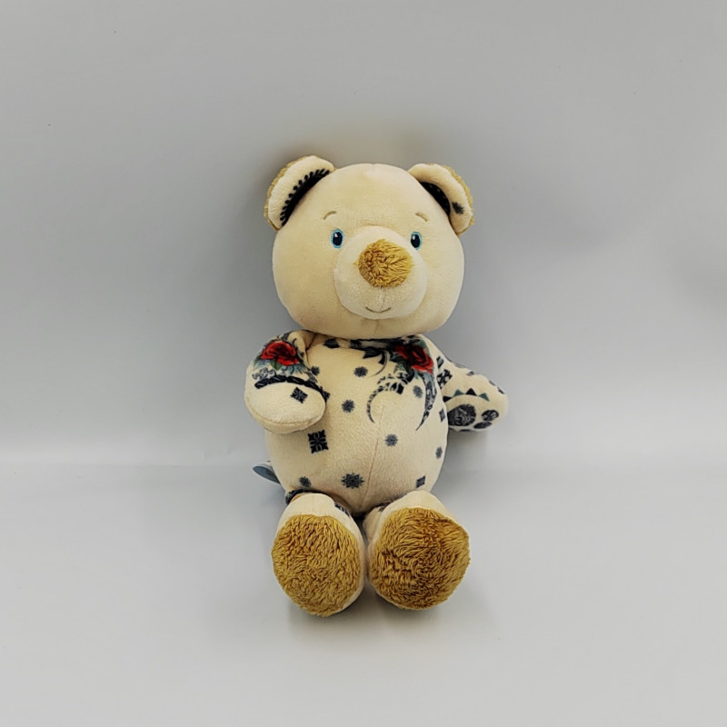 Doudou ours écru beige motifs bleu fleurs SIMBA TOYS NICOTOY
