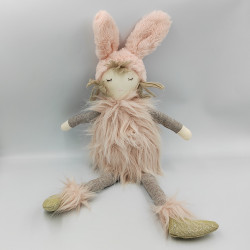 Doudou poupée lapin rose beige fourrure LA GALLERIA