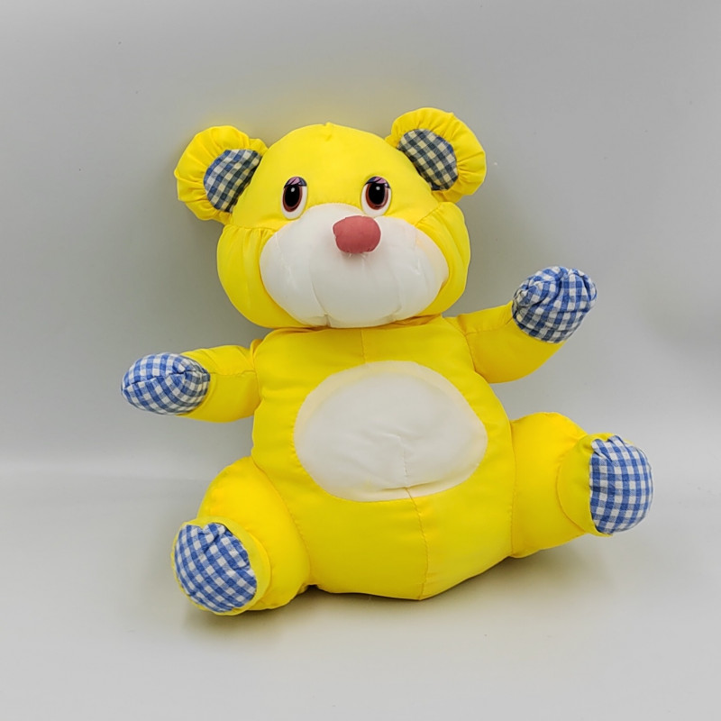 Peluche Puffalump ours jaune blanc bleu vichy