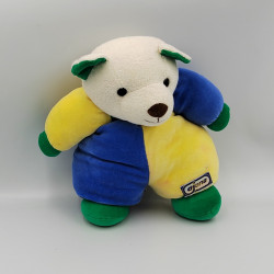 Ancien Doudou ours bleu jaune blanc vert AJENA