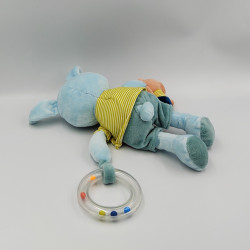 Doudou lapin bleu vert rayé avion hochet POMMETTE