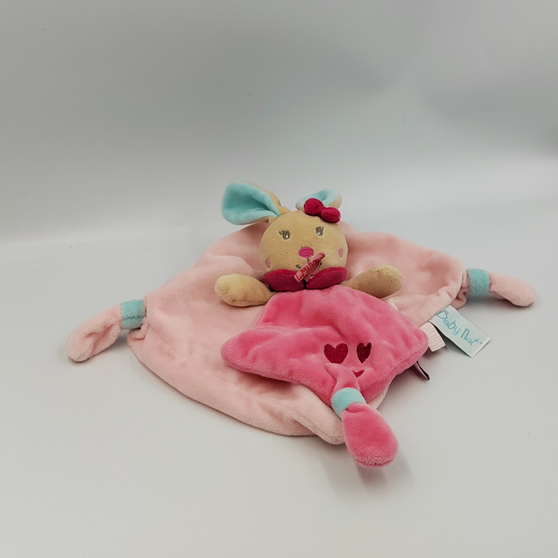 Doudou plat lapin rose bleu coeurs BABY NAT