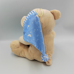 Doudou ours beige bleu coussin bonnet B&G INTERNATIONAL