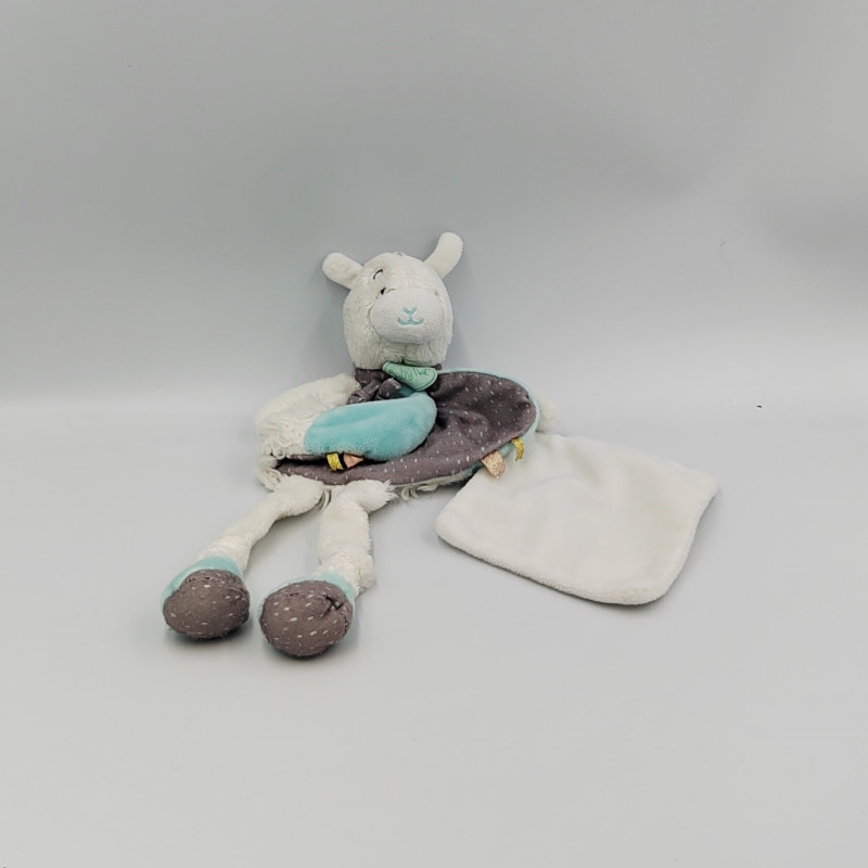 Doudou plat lama blanc bleu gris mouchoir BABY NAT