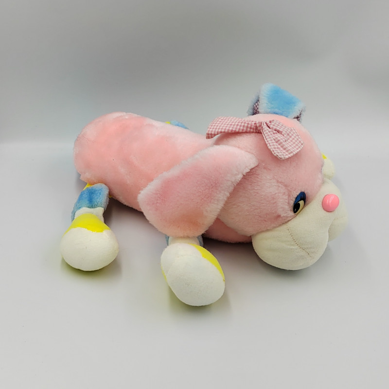 Ancienne peluche chien rose bleu jaune