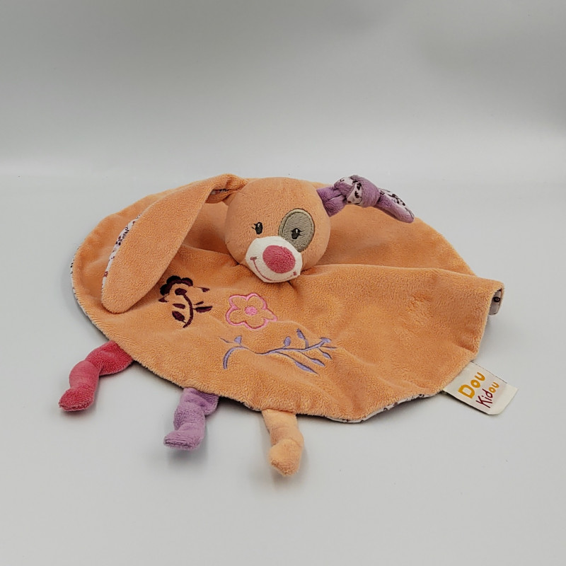 Doudou plat lapin orange rose blanc violet fleurs DOUKIDOU