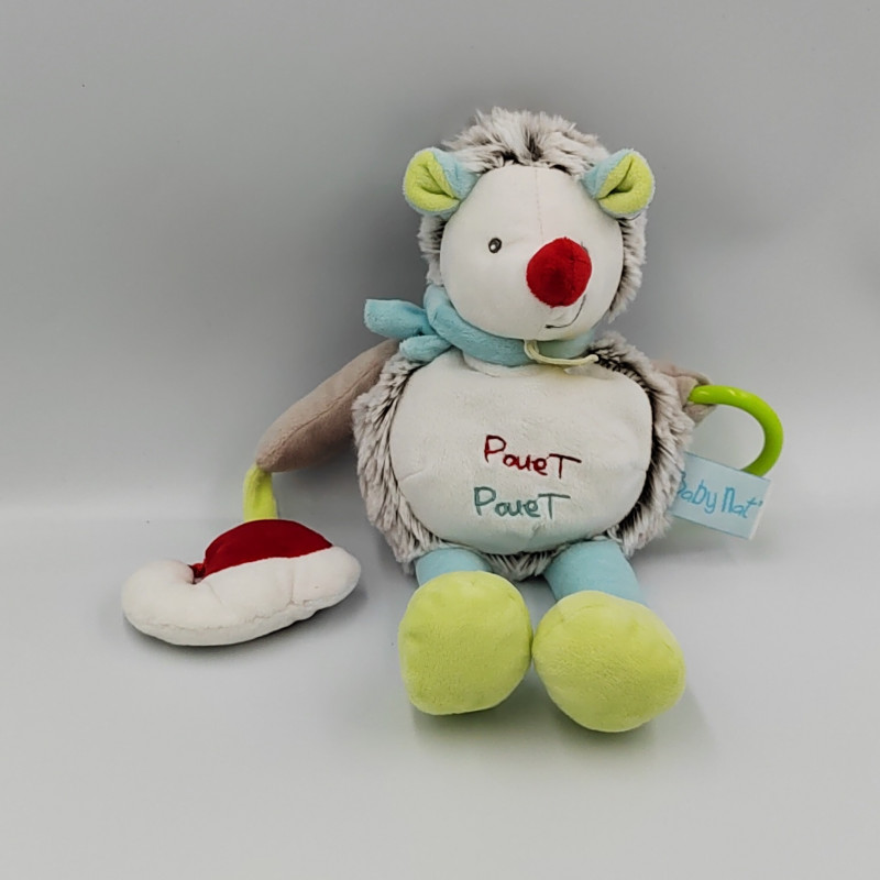 Doudou hérisson Gaston blanc beige bleu vert hochet BABY NAT