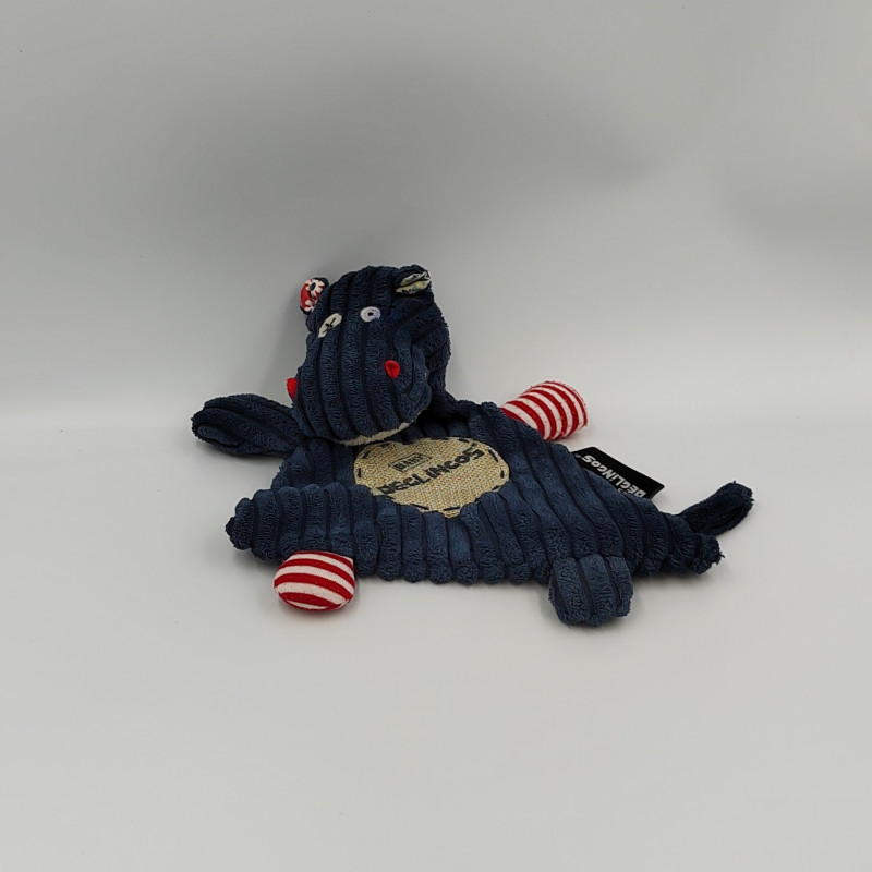 Doudou plat hippopotame bleu rouge Hippipos DEGLINGOS