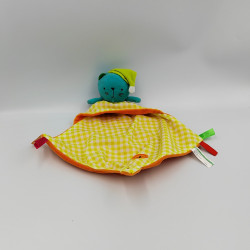 DOUDOU PLAT CHAT BLEU ORANGE JAUNE CARREAUX ZEEMAN FUN HORIZON