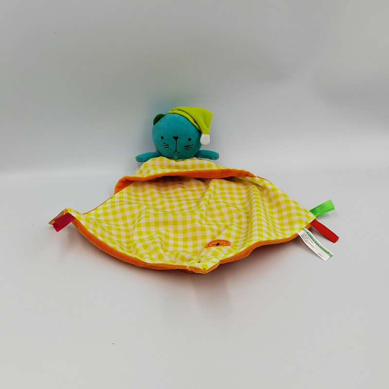 DOUDOU PLAT CHAT BLEU ORANGE JAUNE CARREAUX ZEEMAN FUN HORIZON