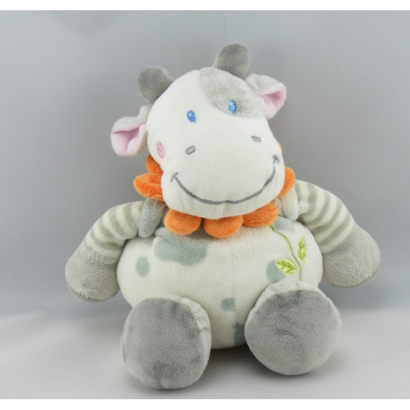 Doudou plat vache blanche taches grises col fleur NICOTOY