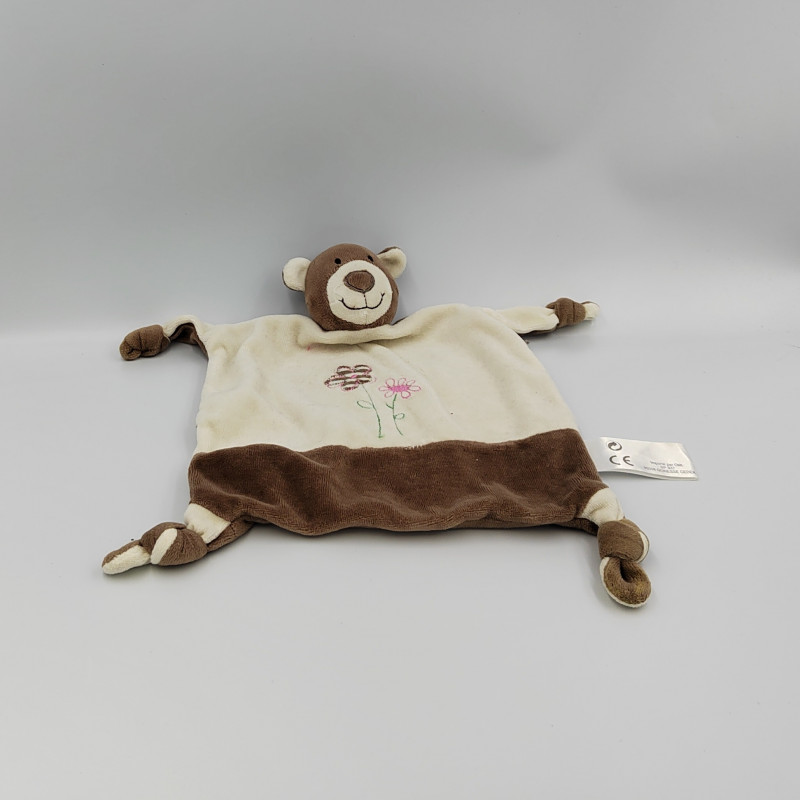 Doudou plat ours marron blanc fleurs PLAYKIDS