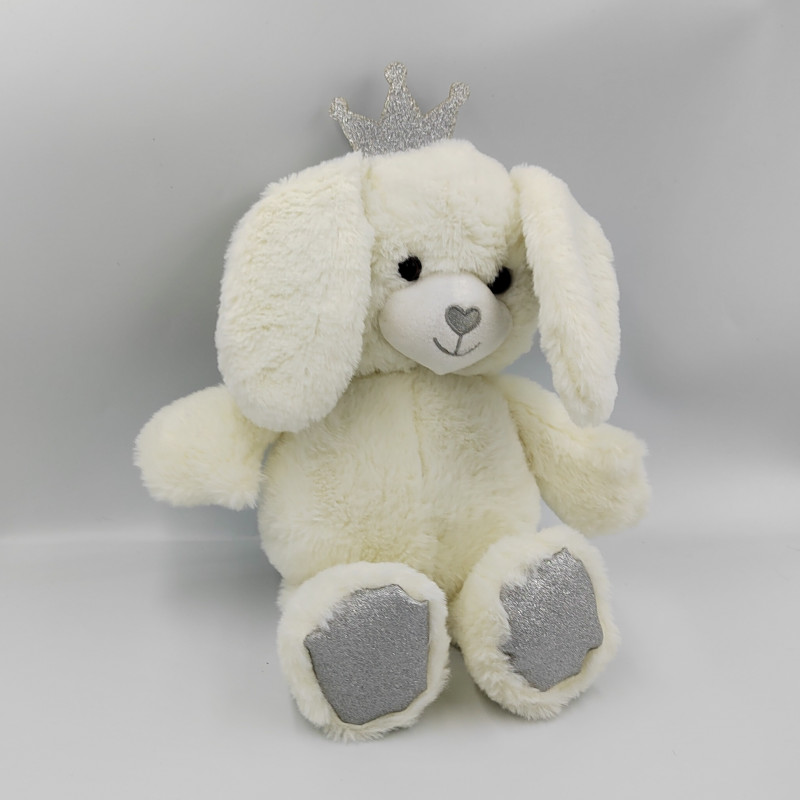 Peluche lapin blanc gris couronne TOM & ZOE