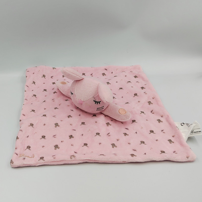 Doudou plat lapin rose motifs feuilles souris SIPLEC