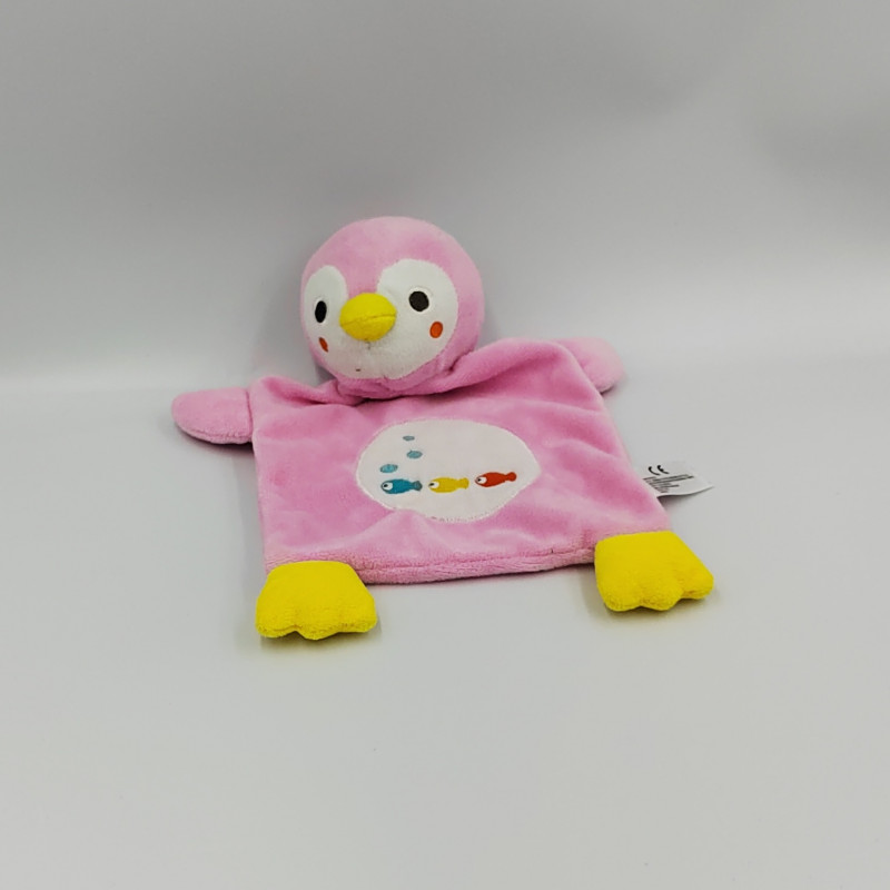 Doudou plat oiseau pingouin rose blanc poissons NICOTOY