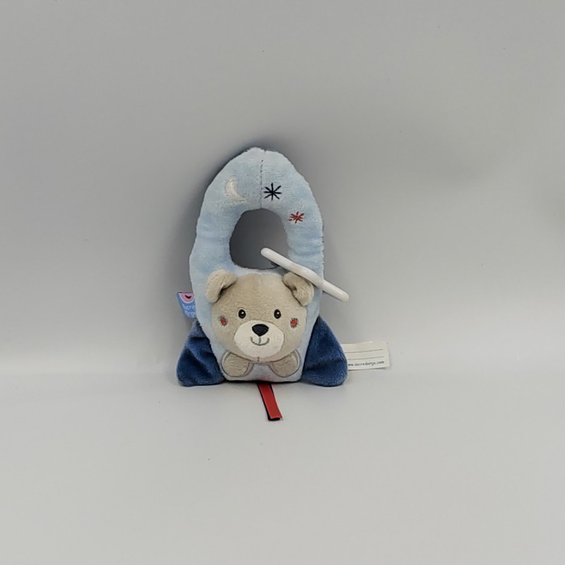 Doudou hochet fusée ours bleu gris rouge SUCRE D'ORGE