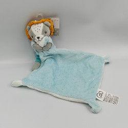 Doudou lion bleu gris orange mouchoir MOTS D'ENFANTS