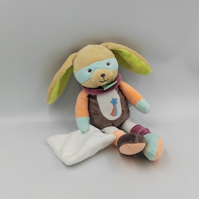 Doudou lapin beige blanc vert orange marron mouchoir Les Masqués BABY NAT