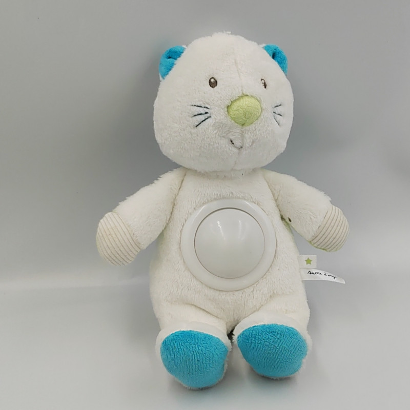 Doudou veilleuse chat blanc bleu vert SUCRE D'ORGE