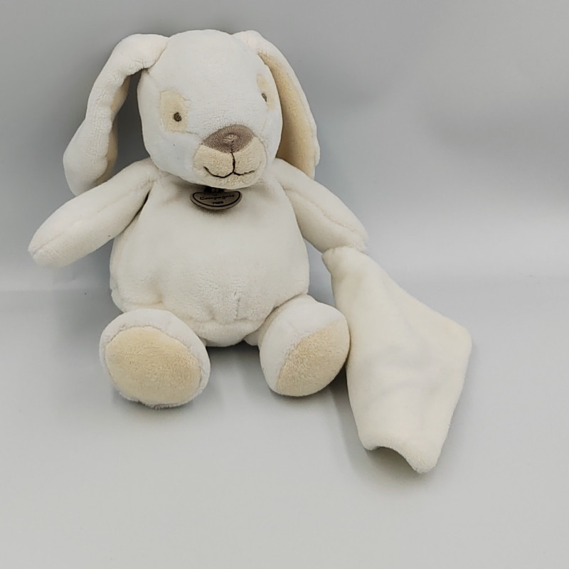 Doudou lapin beige marron clair tenant un mouchoir blanc crème - BN3521