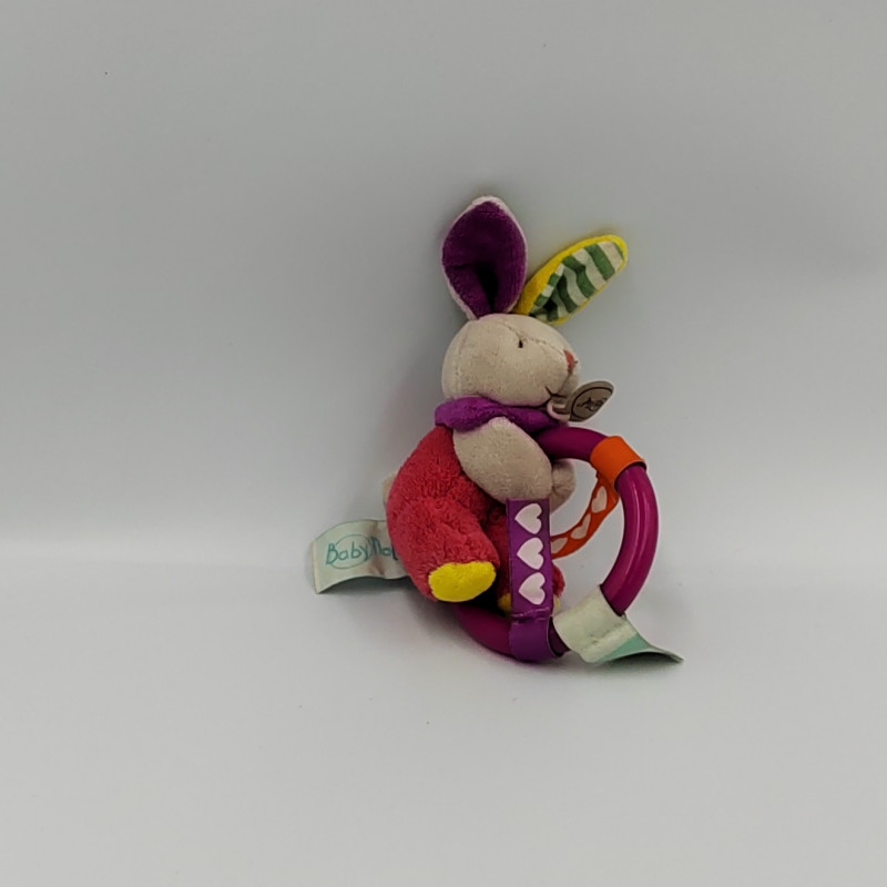 Doudou hochet lapin rose jaune étiquettes Les ZétiK'T BABY NAT