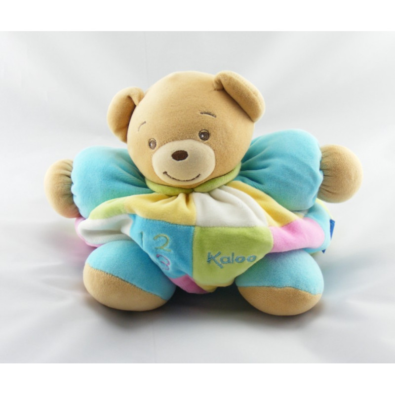 Doudou ours bleu vert orange col mauve 123 KALOO