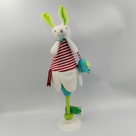 Doudou et compagnie eveil jouet lapin blanc vert rouge marotte