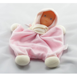 Doudou plat poupée baby Corolle rose blanc 