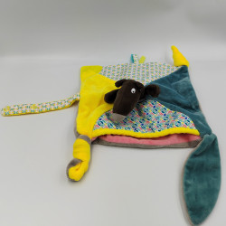 Doudou plat petit loup marron gris bleu jaune rose AUZOU