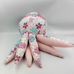 Grand doudou peluche pieuvre rose bleu fleurs TAGADA ALINEA