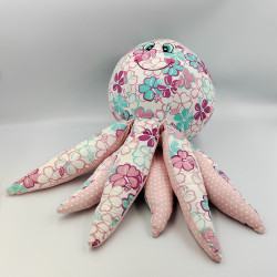 Grand doudou peluche pieuvre rose bleu fleurs TAGADA ALINEA