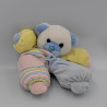 DOUDOU OURS BLEU ROSE JAUNE RAYURES CARREFOUR