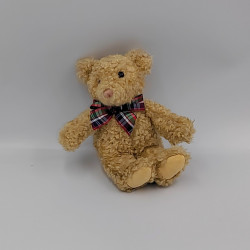 Ancienne peluche ours beige noeud papillon à carreaux GUND 1992