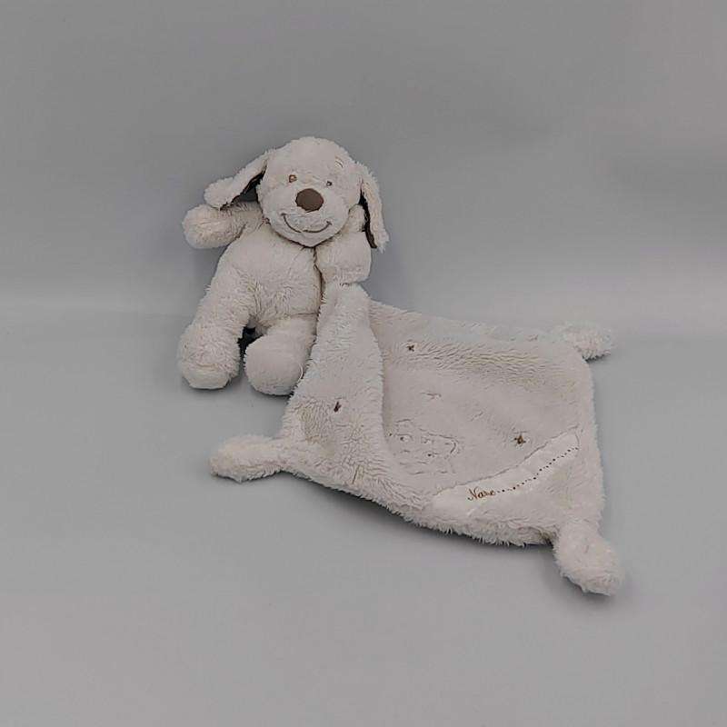 Doudou chien blanc beige étoiles mouchoir INFLUX