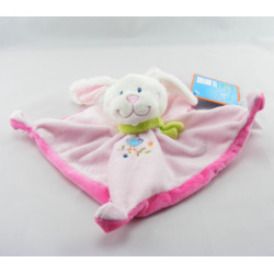 Doudou plat lapin rose fleurs vertes coeur TEX 